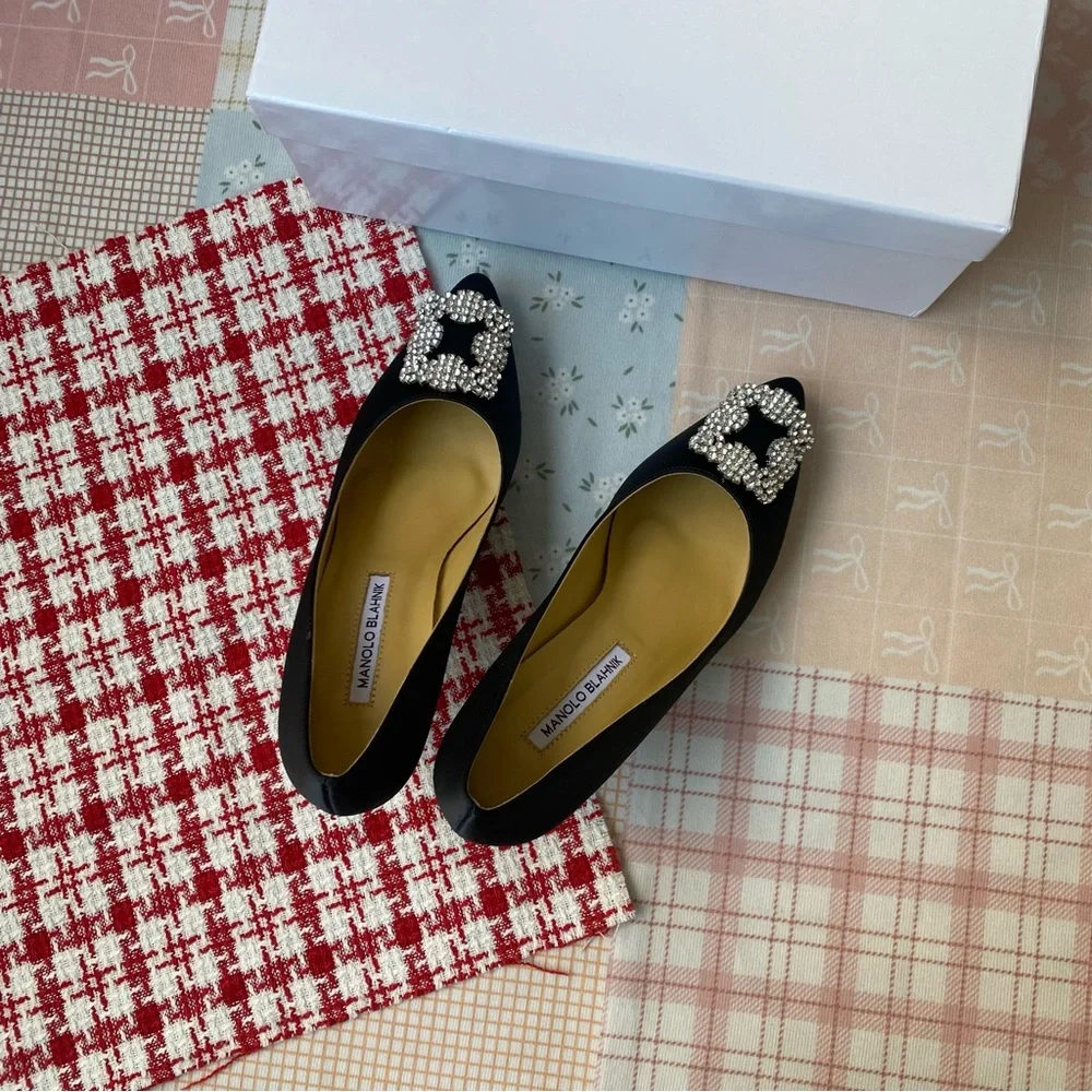 Manolo Blahnik Black Embellished Satin Pointed Toe Flats